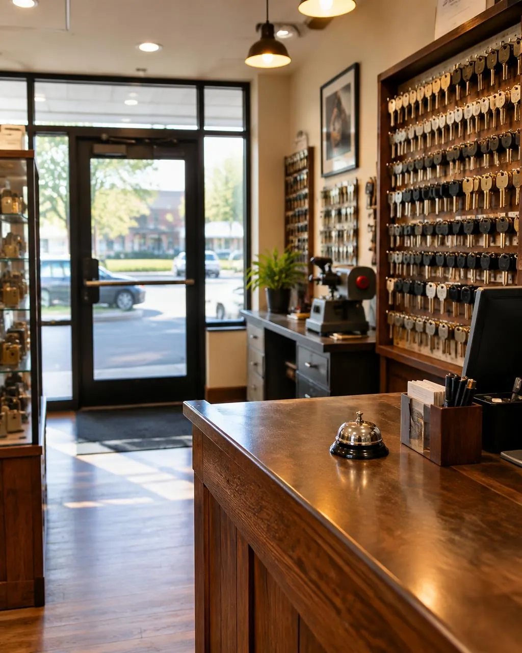Locksmith shop counter with key rack and service bell