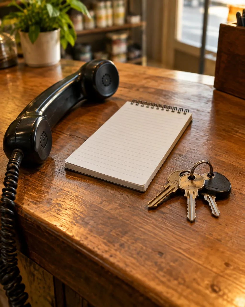 Telephone handset, notepad and keys on a shop counter