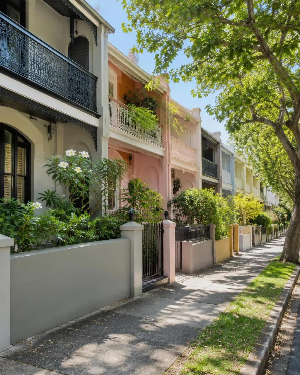 Leafy street of terrace houses in Sydney’s eastern suburbs