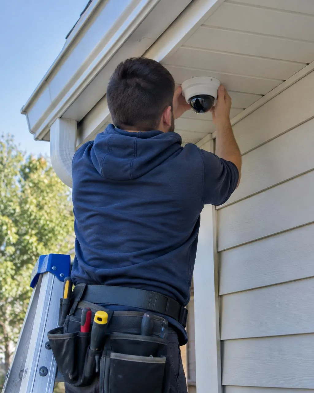 Technician installing a dome security camera under house eaves