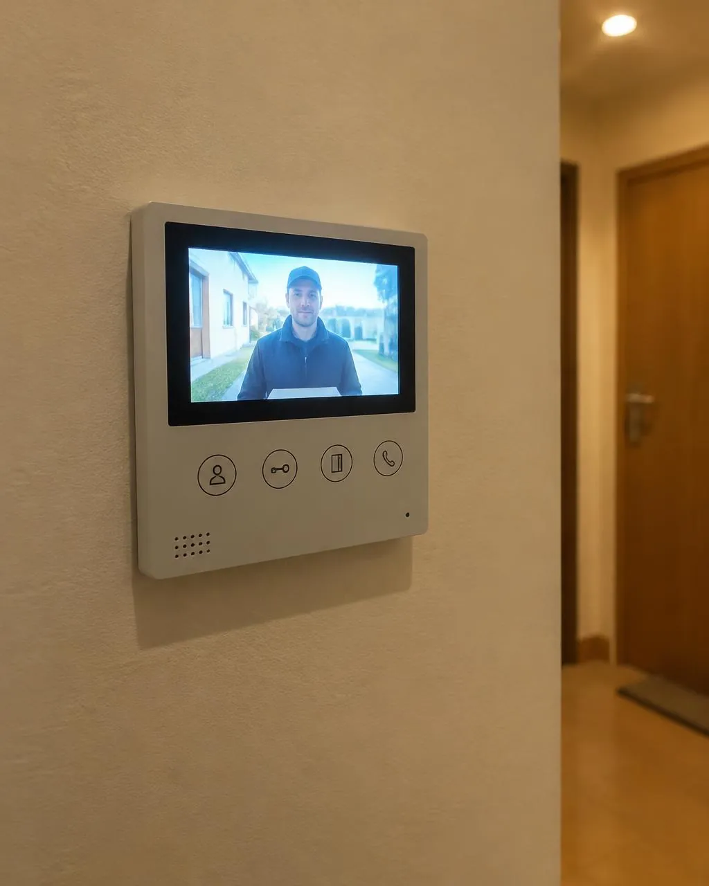 Indoor video intercom monitor in an apartment hallway