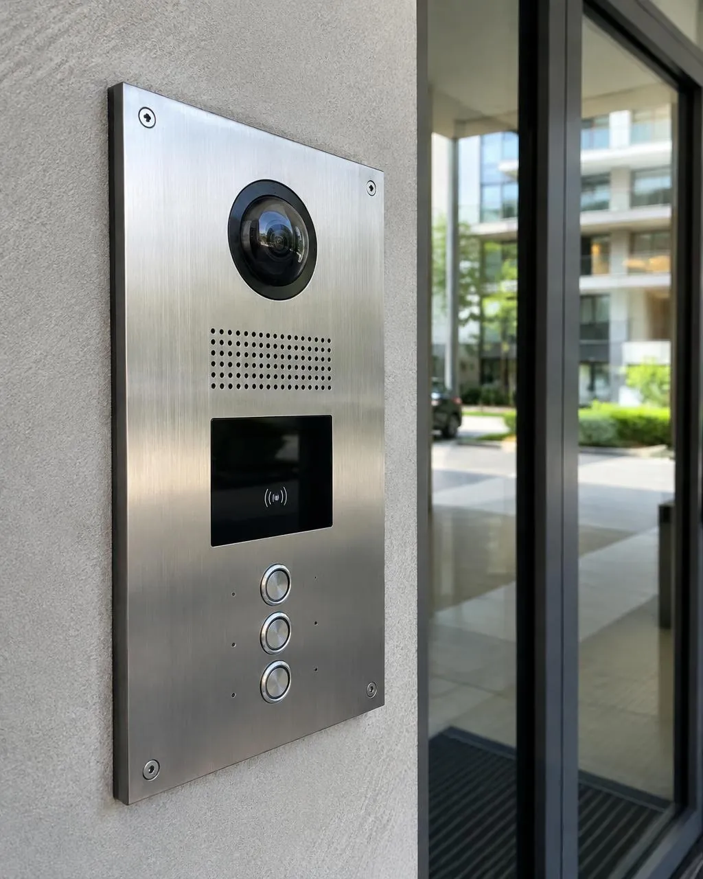 Video intercom panel at an apartment building entrance